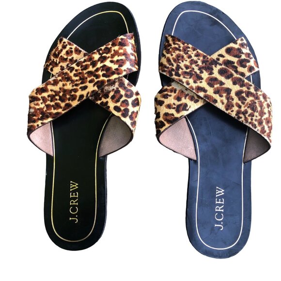 J Crew Leopard Print Cross Strap Sandals Size 7 Leather Slides Flip Flops NOTE - Picture 1 of 16